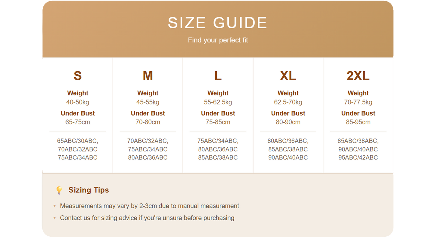 Size guide for clothing with weight and under-bust measurements.