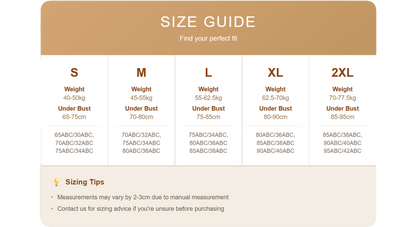 Size guide for clothing with weight and under-bust measurements.